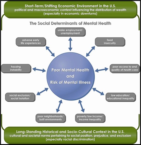 The Social Determinants of Mental Health graphic - circle in middle labeled: Poor Mental Health and Risk of Mental Illness