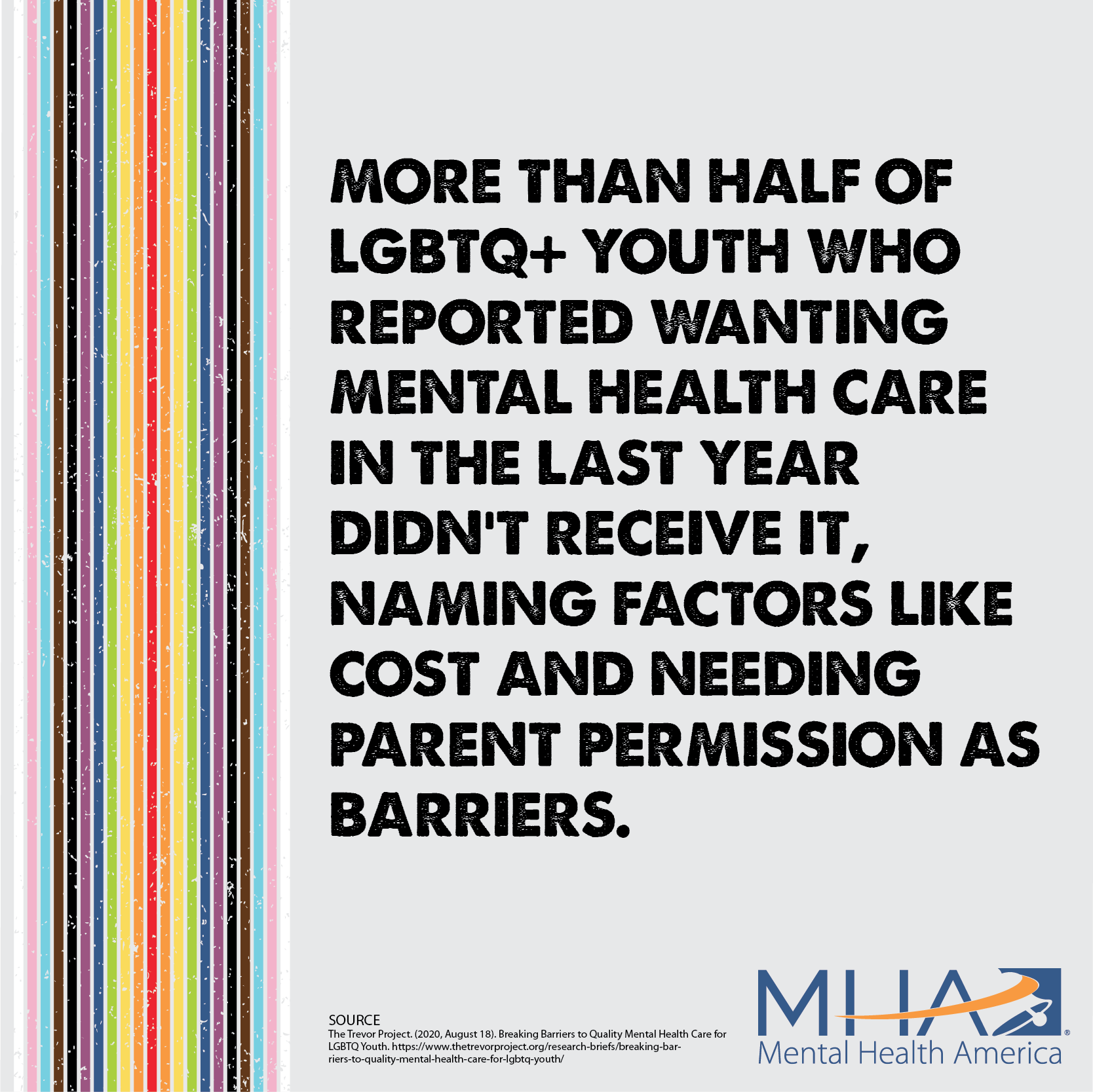 More than half of LGBTQ+ youth who reported wanting mental health care in the last year didn't receive it, naming factors like cost and needing parent permission as barriers.