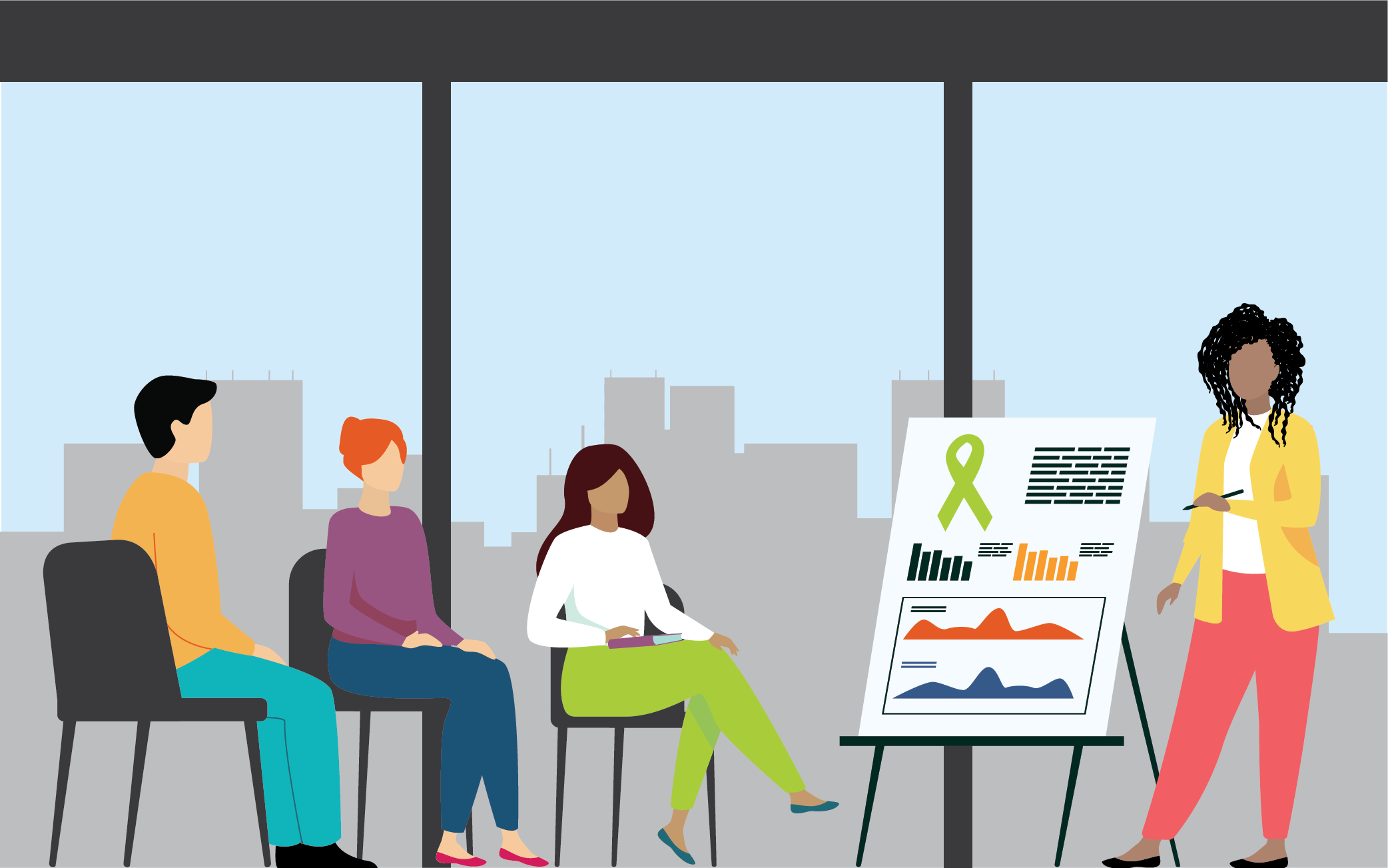 illustration of group of people sitting while one person stands and presents information on a chart to them