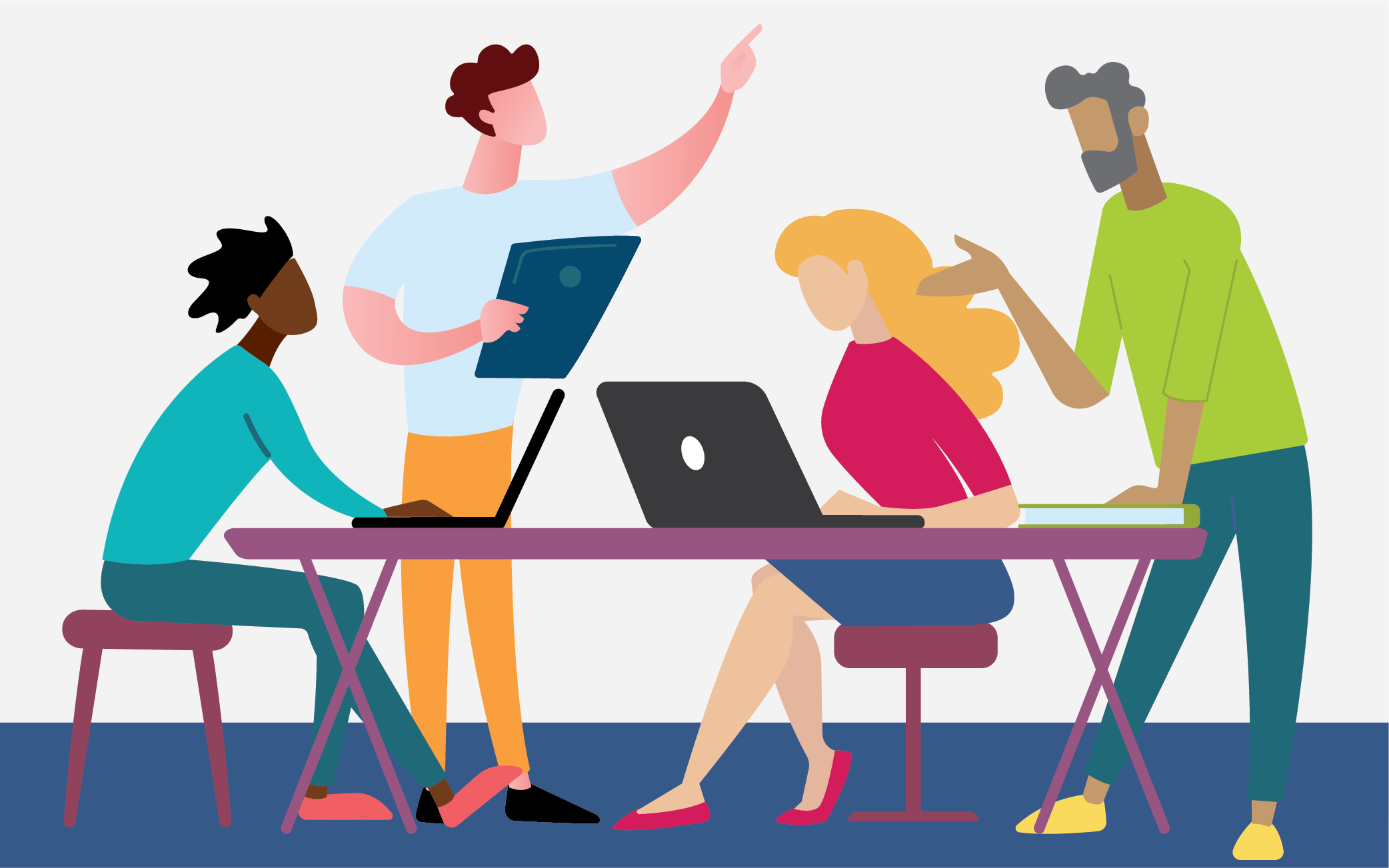 illustration of group of people working at a table with computers and clipboards