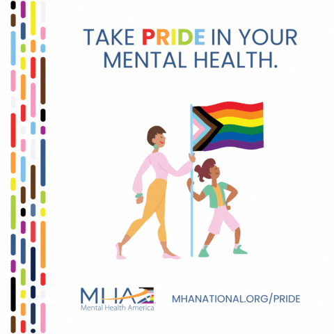 Take Pride in your mental health | illustration of two people holding a Progressive Pride flag