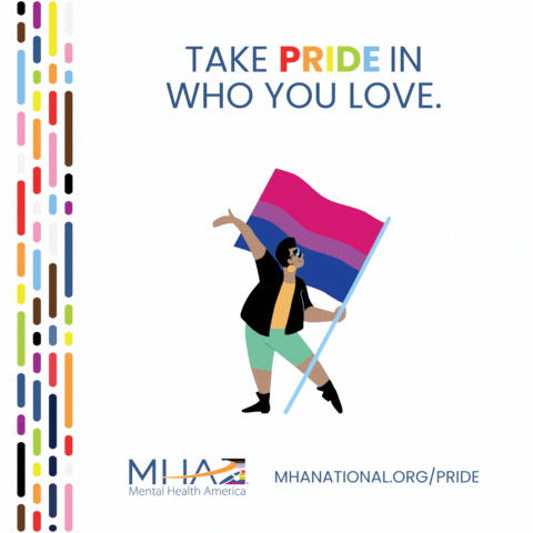 Take Pride in who you love | illustration of person holding a Bisexual Pride flag