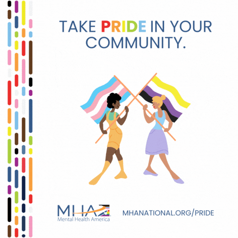 Take Pride in your community | illustration of one person holding a Transgender Pride flag next to a person holding a Nonbinary Pride flag