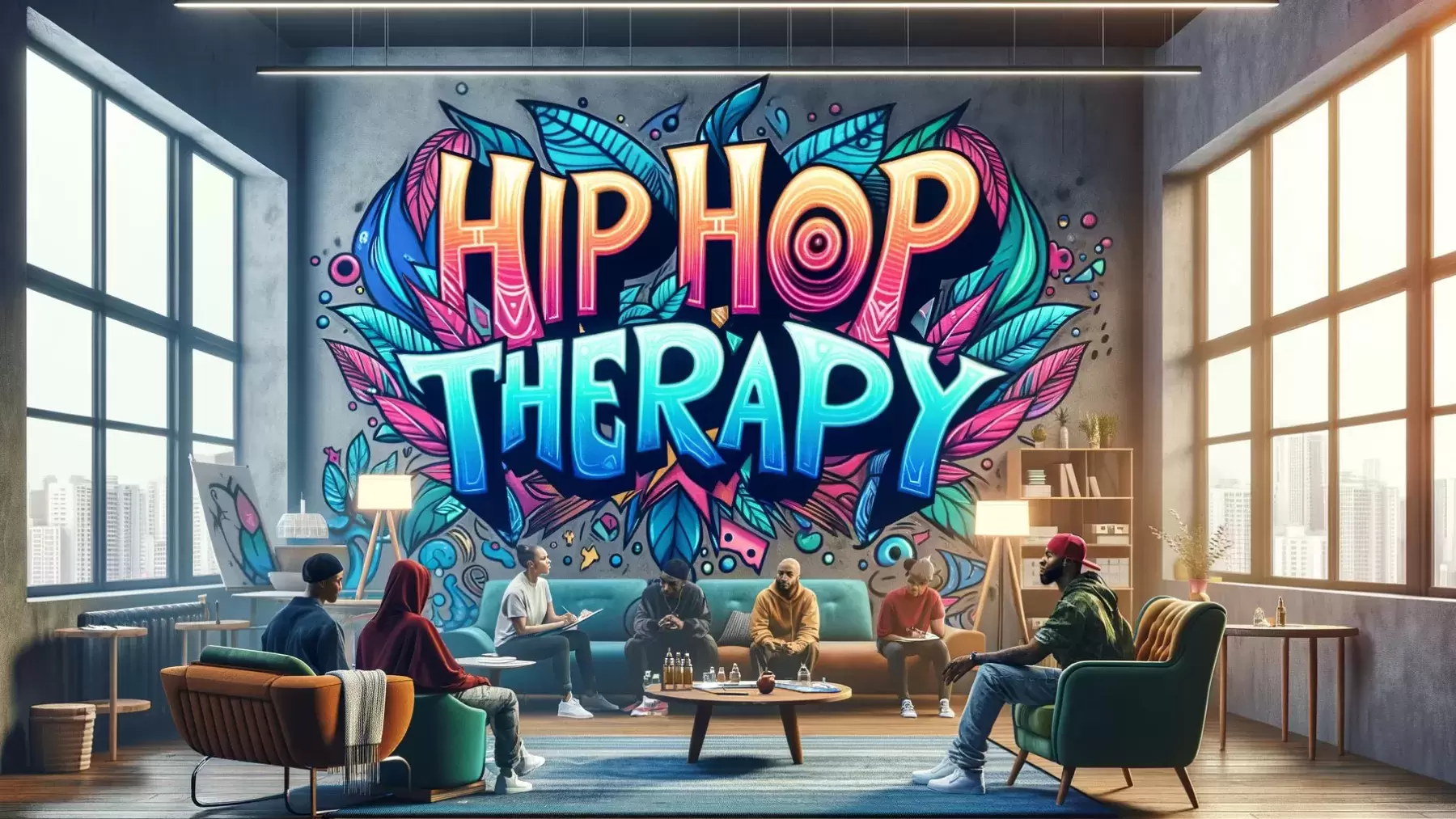 Hip Hop Therapy is painted in graffiti style on a concrete wall while people sit around on couches talking in front of it