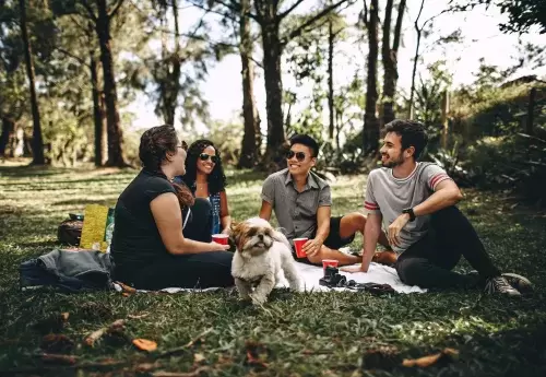 group of people and dog sitting on a blanket in a wooded area eating and drinking