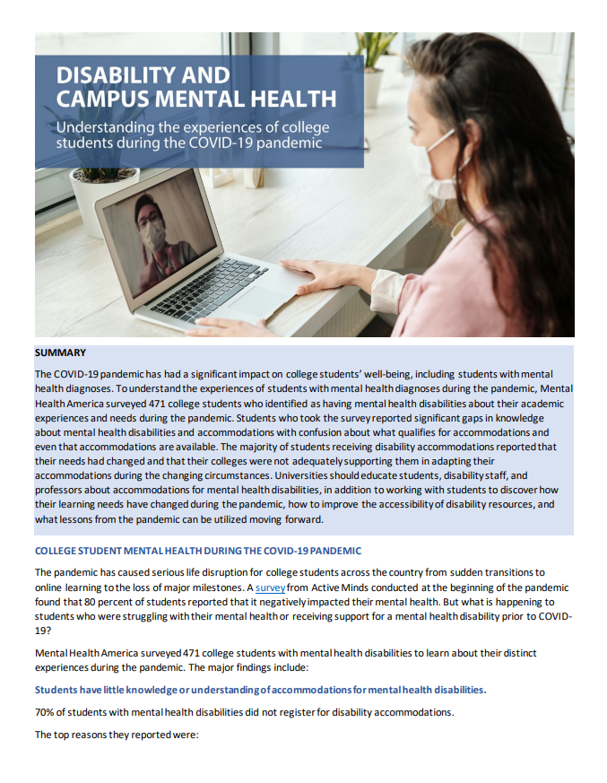 Report cover for Disability and campus mental health